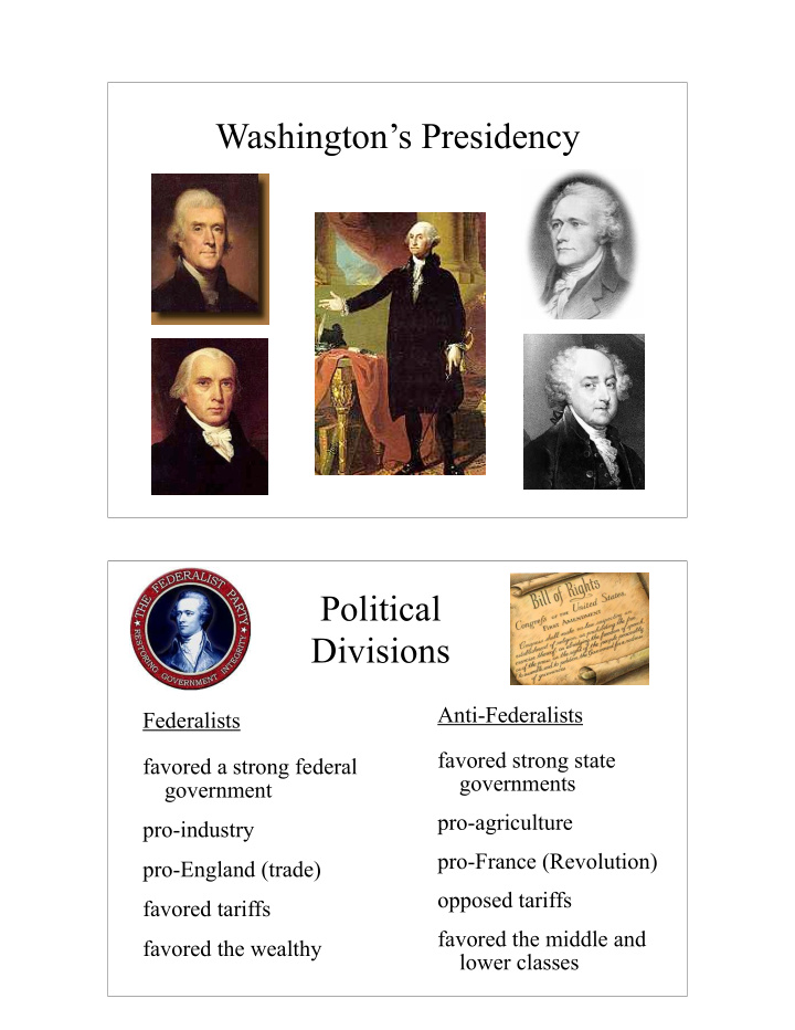 washington s presidency political divisions
