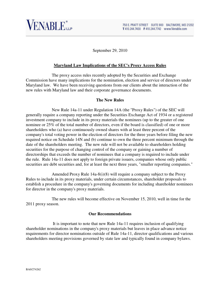 september 29 2010 maryland law implications of the sec s