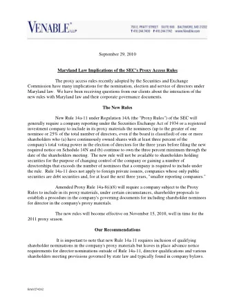 September 29, 2010 Maryland Law Implications of the SEC's Proxy Access Rules  The proxy access
