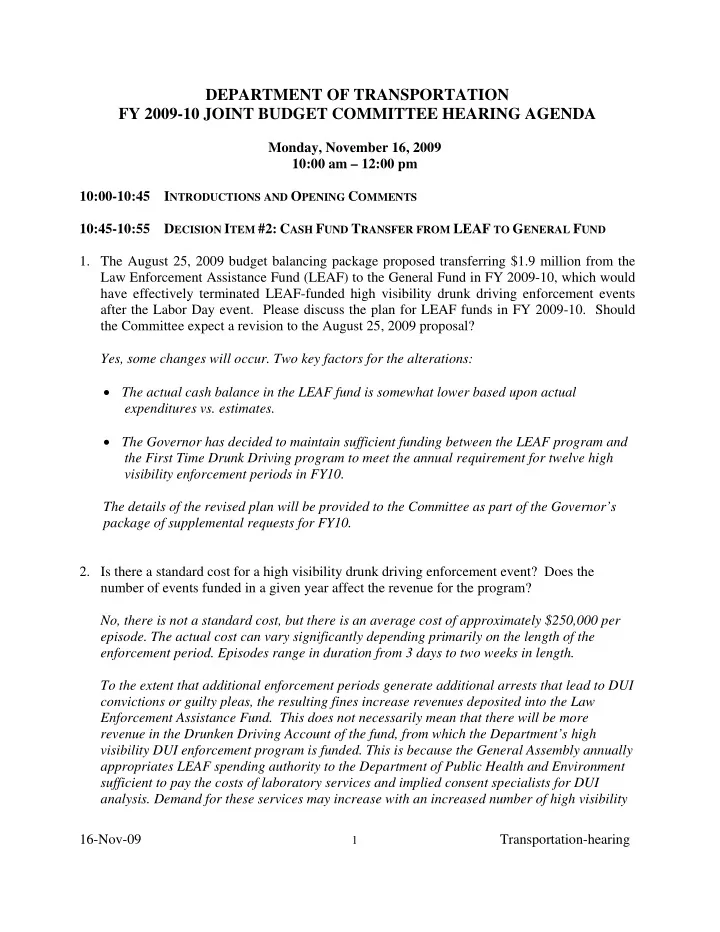 department of transportation fy 2009 10 joint budget