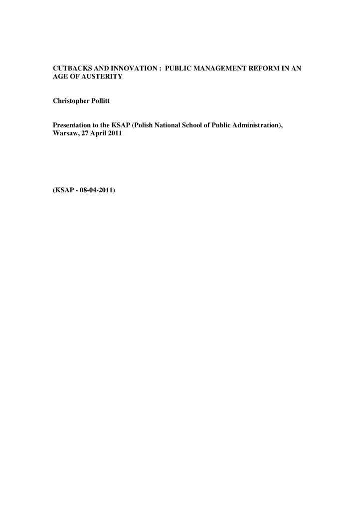 cutbacks and innovation public management reform in an
