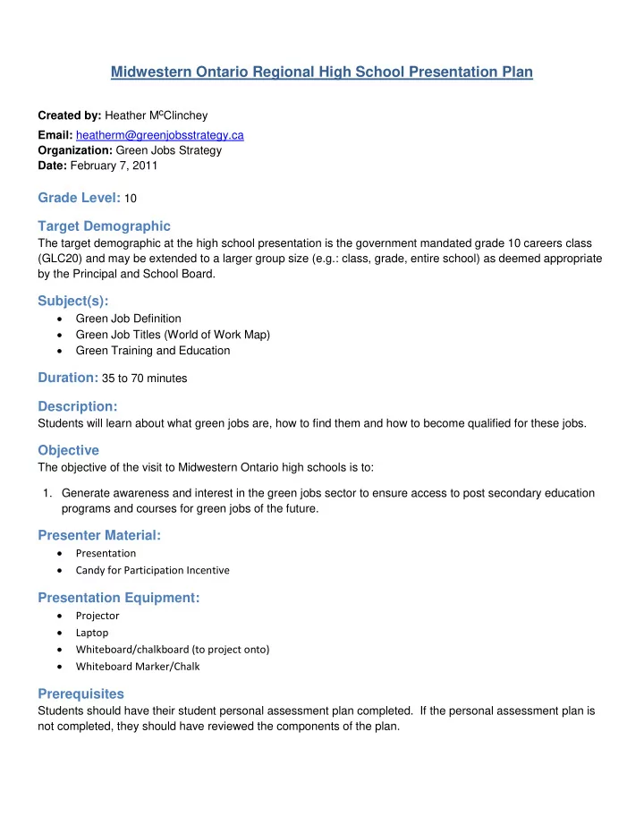 midwestern ontario regional high school presentation plan
