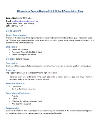 Midwestern Ontario Regional High School Presentation Plan Created by: Heather M c Clinchey Email: