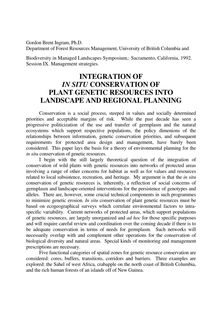 integration of in situ conservation of plant genetic