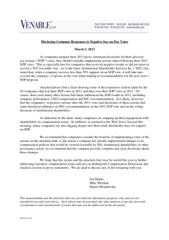Disclosing Company Responses to Negative Say-on-Pay Votes  March 5, 2013  As companies prepare