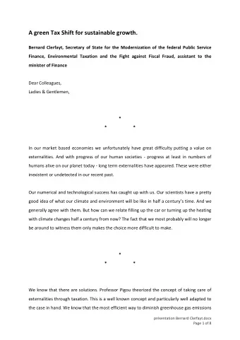 A green Tax Shift for sustainable growth.  Bernard Clerfayt, Secretary of State for the