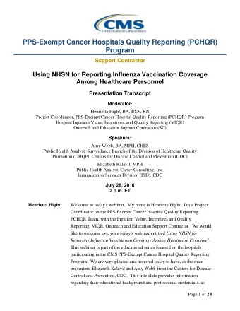PPS-Exempt Cancer Hospitals Quality Reporting (PCHQR)  Program  Support Contractor  Using NHSN for
