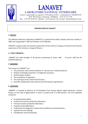 LABORATOIRE NATIONAL VETERINAIRE Socit  capital public au capital de 1.850 millions F.CFA
