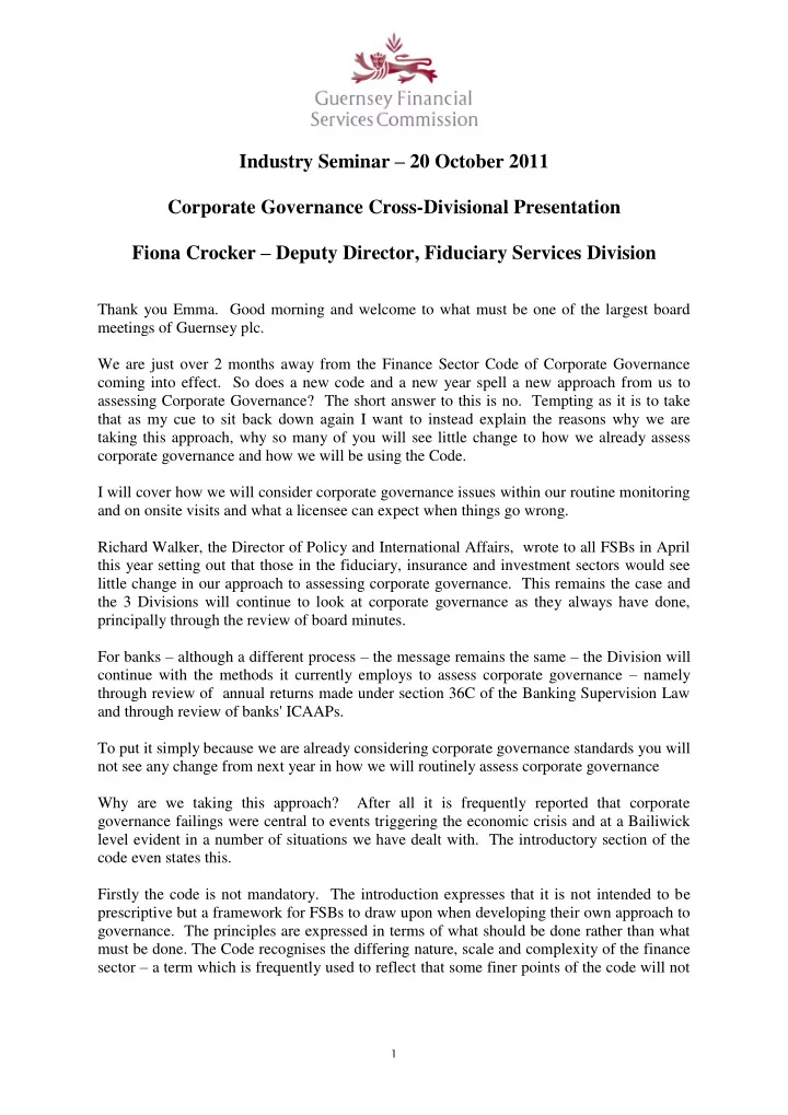 industry seminar 20 october 2011 corporate governance
