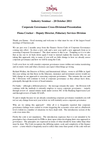Industry Seminar  20 October 2011  Corporate Governance Cross-Divisional Presentation Fiona