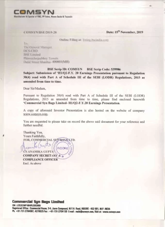 COMMERCIAL SYN  BAGS LIMITED  H1  1 /  / Q2  2 - FY  FY20  20 Ear  arnin  ings Presentation  1