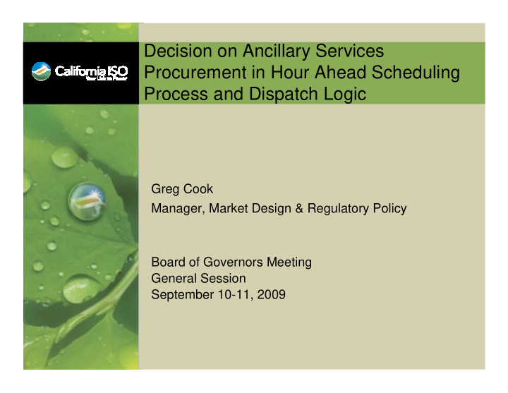 decision on ancillary services procurement in hour ahead