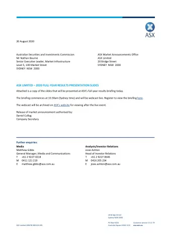ASX LIMITED  2020 FULL-YEAR RESULTS PRESENTATION SLIDES  Attached is a copy of the slides that