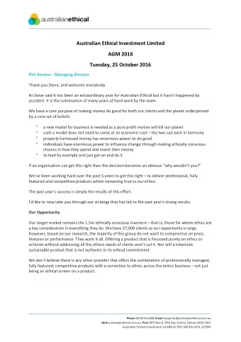 Australian Ethical Investment Limited  AGM 2016  Tuesday, 25 October 2016  Phil Vernon  Managing