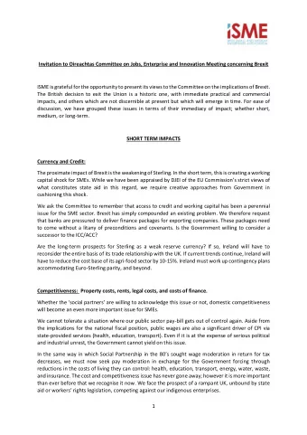 Invitation to Oireachtas Committee on Jobs, Enterprise and Innovation Meeting concerning Brexit