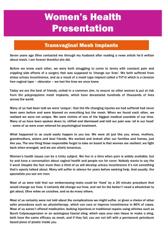 Womens Health  Presentation  Transvaginal Mesh Implants  Seven years ago Olive contacted me