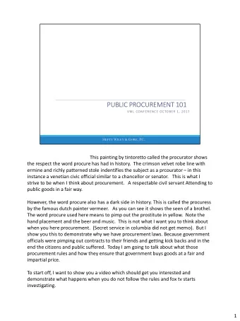 PUBLIC PROCUREMENT 101  VML CONFERENCE OCTOBER 1, 2017 H EFTY W ILEY &amp; G ORE , P.C. The