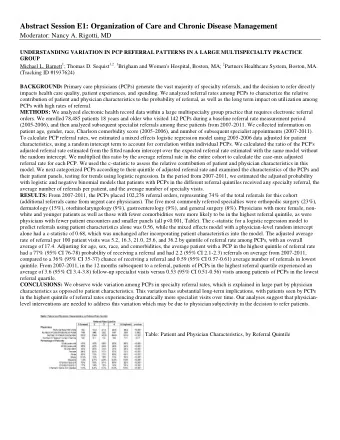 Abstract Session E1: Organization of Care and Chronic Disease Management  Moderator: Nancy A.