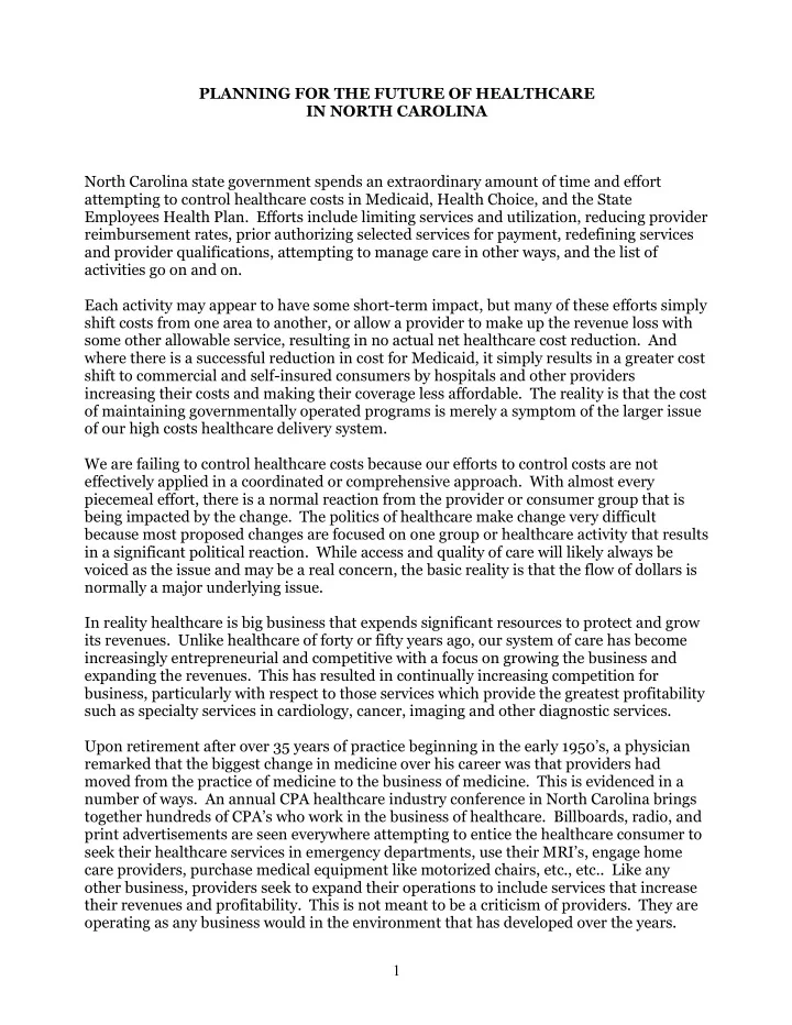 planning for the future of healthcare in north carolina