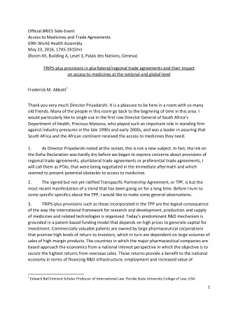 Official BRICS Side-Event  Access to Medicines and Trade Agreements  69th World Health Assembly