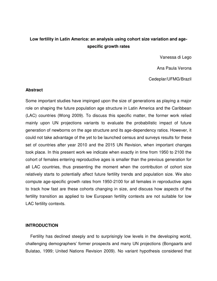 low fertility in latin america an analysis using cohort