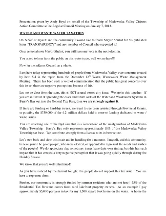 Presentation given by Andy Boyd on behalf of the Township of Madawaska Valley Citizens  Action