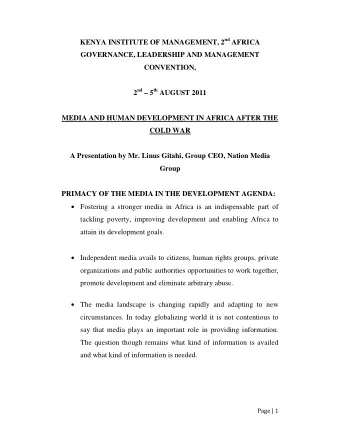 KENYA INSTITUTE OF MANAGEMENT, 2 nd AFRICA  GOVERNANCE, LEADERSHIP AND MANAGEMENT  CONVENTION, 2 nd