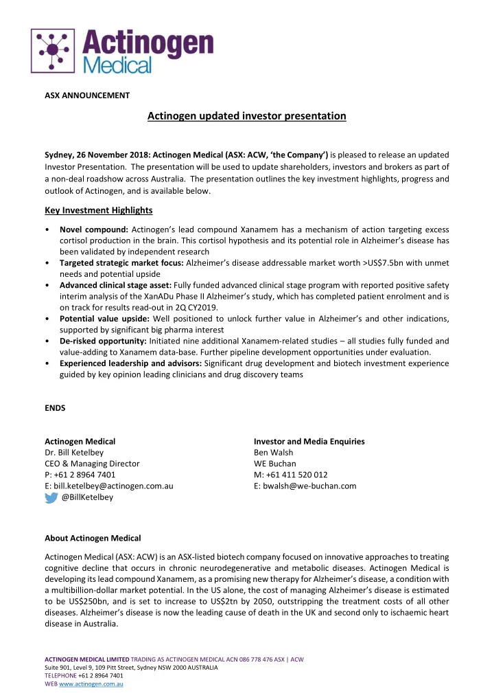 actinogen updated investor presentation