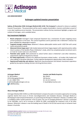 Actinogen updated investor presentation Sydney, 26 November 2018: Actinogen Medical (ASX: ACW,