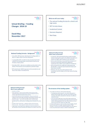 School Briefing  Funding Changes 2018  19  NFF Formula Values  Sunderland Context