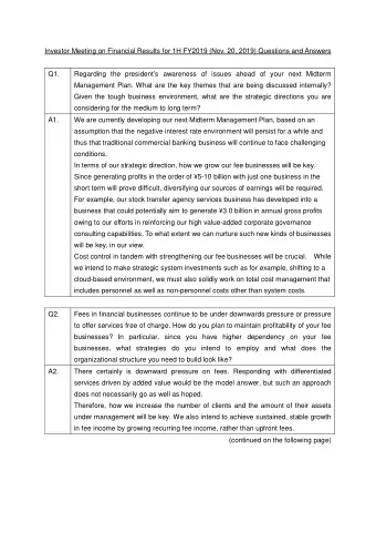 Investor Meeting on Financial Results for 1H FY2019 (Nov. 20, 2019) Questions and Answers  Q1.