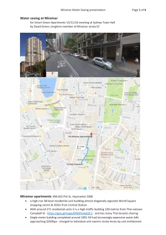 Water saving at Miramar  for Smart Green Apartments 15/11/16 meeting at Sydney Town Hall  by David