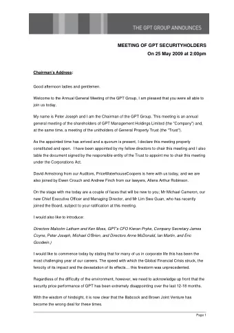 On 25 May 2009 at 2:00pm  Chairmans Address:  Good afternoon ladies and gentlemen.  Welcome to