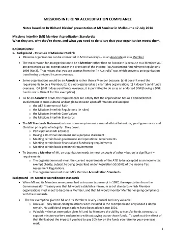 MISSIONS INTERLINK ACCREDITATION COMPLIANCE Notes based on Dr Richard Dickins presentation at MI