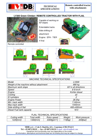 Remote controlled tractor  TECHNICAL  with attachments SPECIFICATIONS  LV300 Green Climber: REMOTE