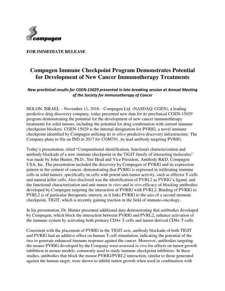 for immediate release compugen immune checkpoint program