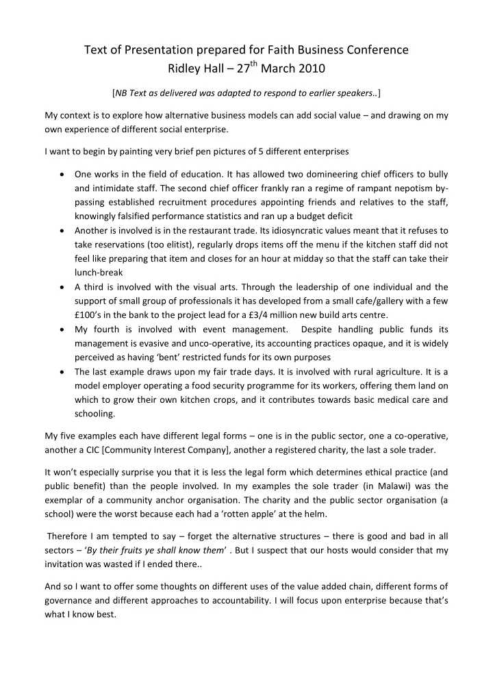 text of presentation prepared for faith business