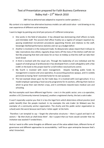 Text of Presentation prepared for Faith Business Conference Ridley Hall  27 th March 2010 [ NB