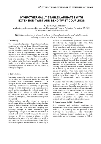 HYGROTHERMALLY STABLE LAMINATES WITH  EXTENSION-TWIST AND BEND-TWIST COUPLINGS R. Haynes*, E.