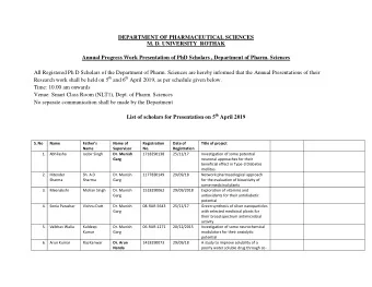 DEPARTMENT OF PHARMACEUTICAL SCIENCES  M. D. UNIVERSITY  ROTHAK  Annual Progress Work Presentation