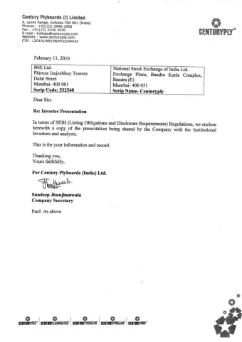 LIMITED  INVESTOR PRESENTATION,  February - 2016  1  Safe Harbor This presentation and the