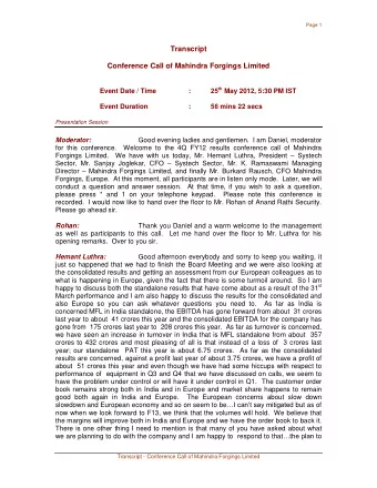 Transcript  Conference Call of Mahindra Forgings Limited 25 th May 2012, 5:30 PM IST  Event Date /