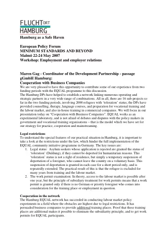 Hamburg as a Safe Haven  European Policy Forum  MINIMUM STANDARDS AND BEYOND  Malm 22-24 May 2007