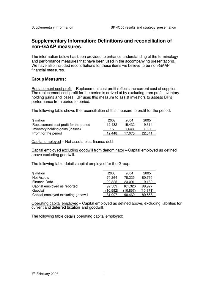 supplementary information definitions and reconciliation