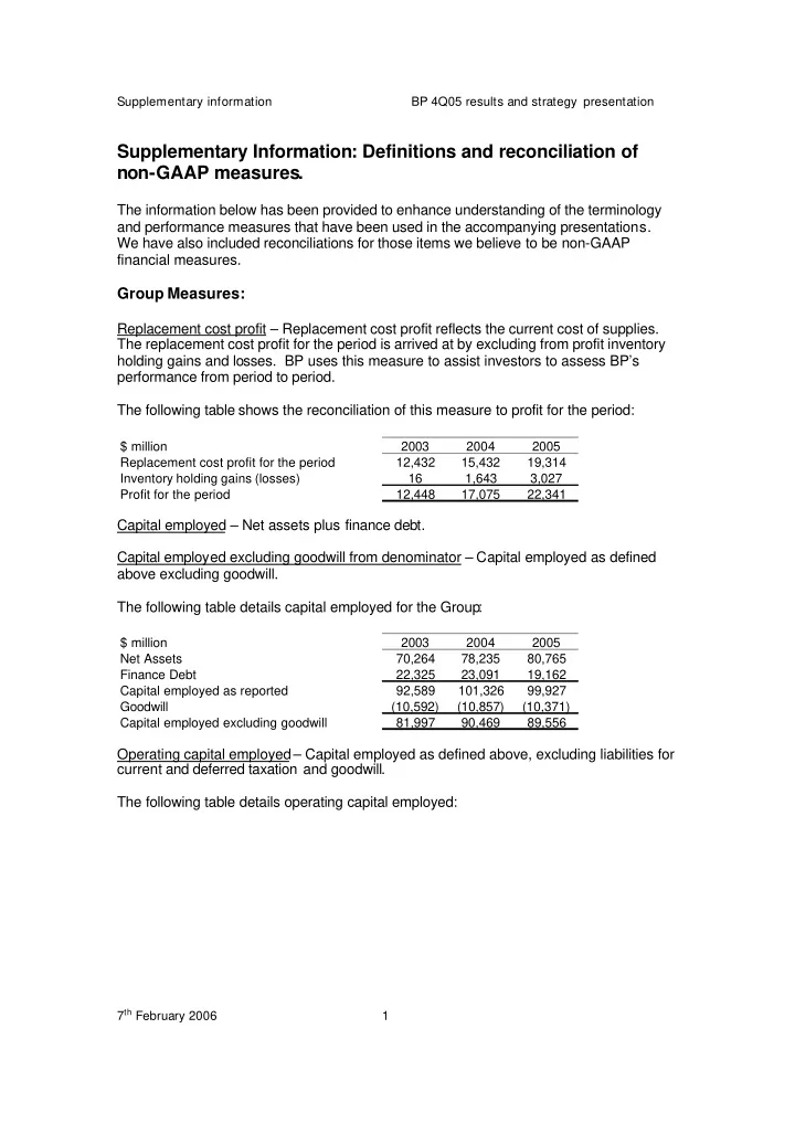 supplementary information definitions and reconciliation