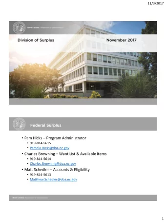 Department of Administration  Strategy Session  March 14, 2017  Pam Hicks  Program