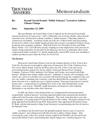Memorandum  Re:  Second Circuit Permits Public Nuisance Lawsuit to Address  Climate Change