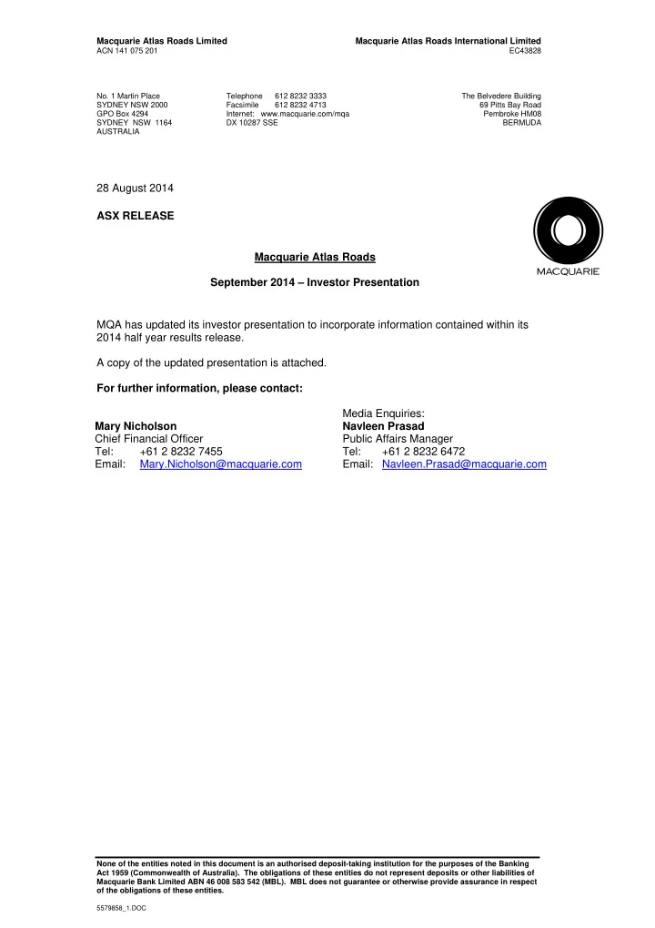 28 august 2014 asx release macquarie atlas roads