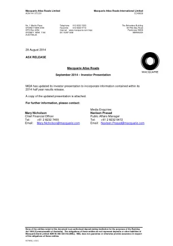 28 August 2014 ASX RELEASE  Macquarie Atlas Roads September 2014  Investor Presentation  MQA has