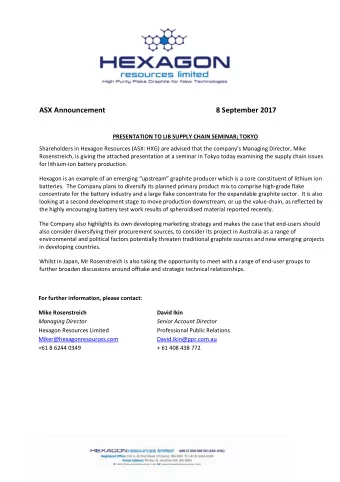 ASX Announcement 8 September 2017 PRESENTATION TO LIB SUPPLY CHAIN SEMINAR; TOKYO Shareholders in